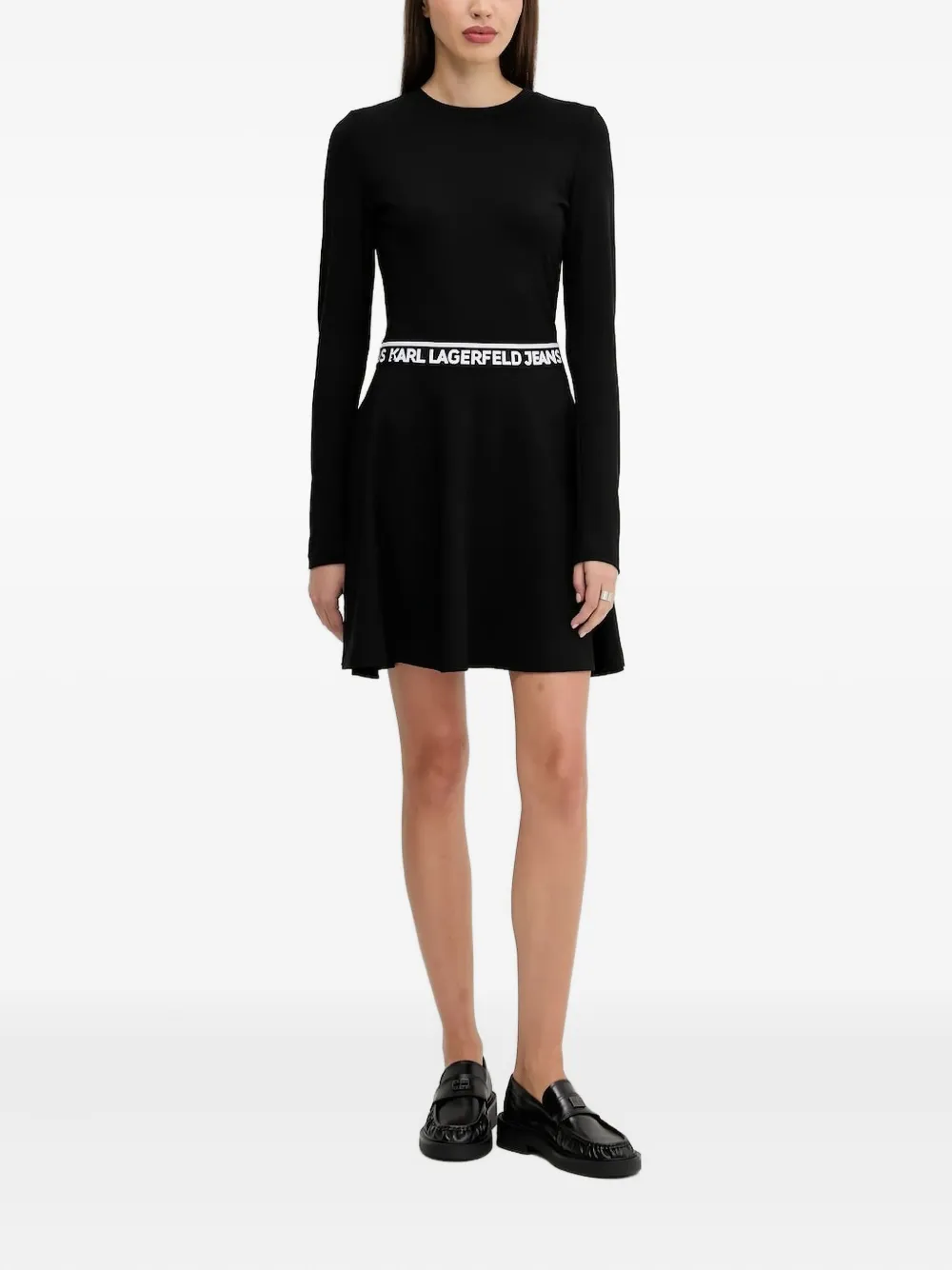Karl Lagerfeld Jeans Logo-waistband Flared Mini Dress In Black