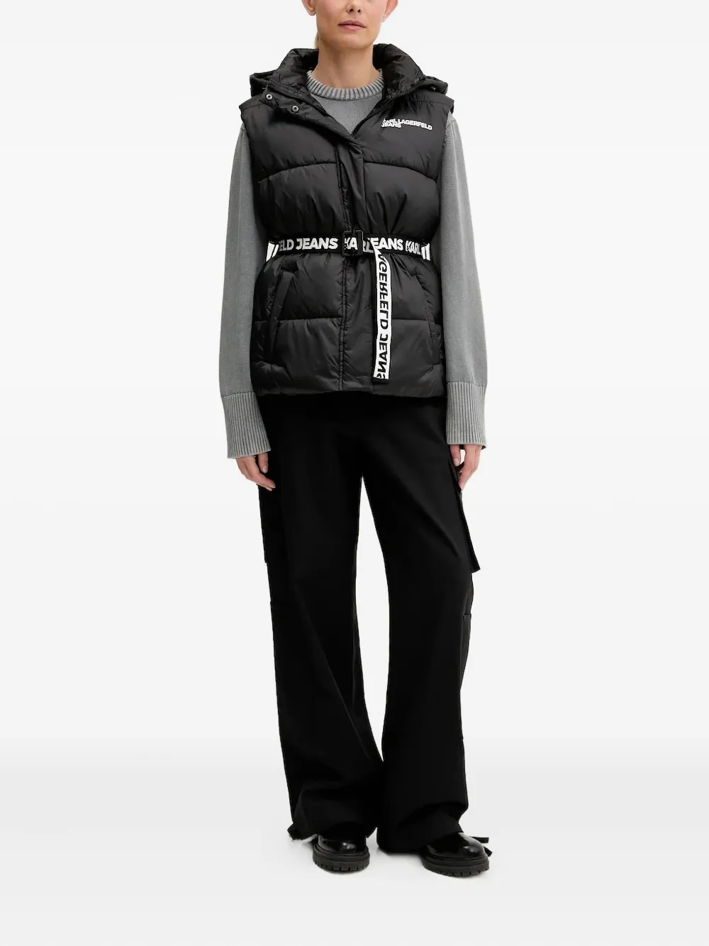 Karl Lagerfeld Jeans Bodywarmer met capuchon en ceintuur Zwart