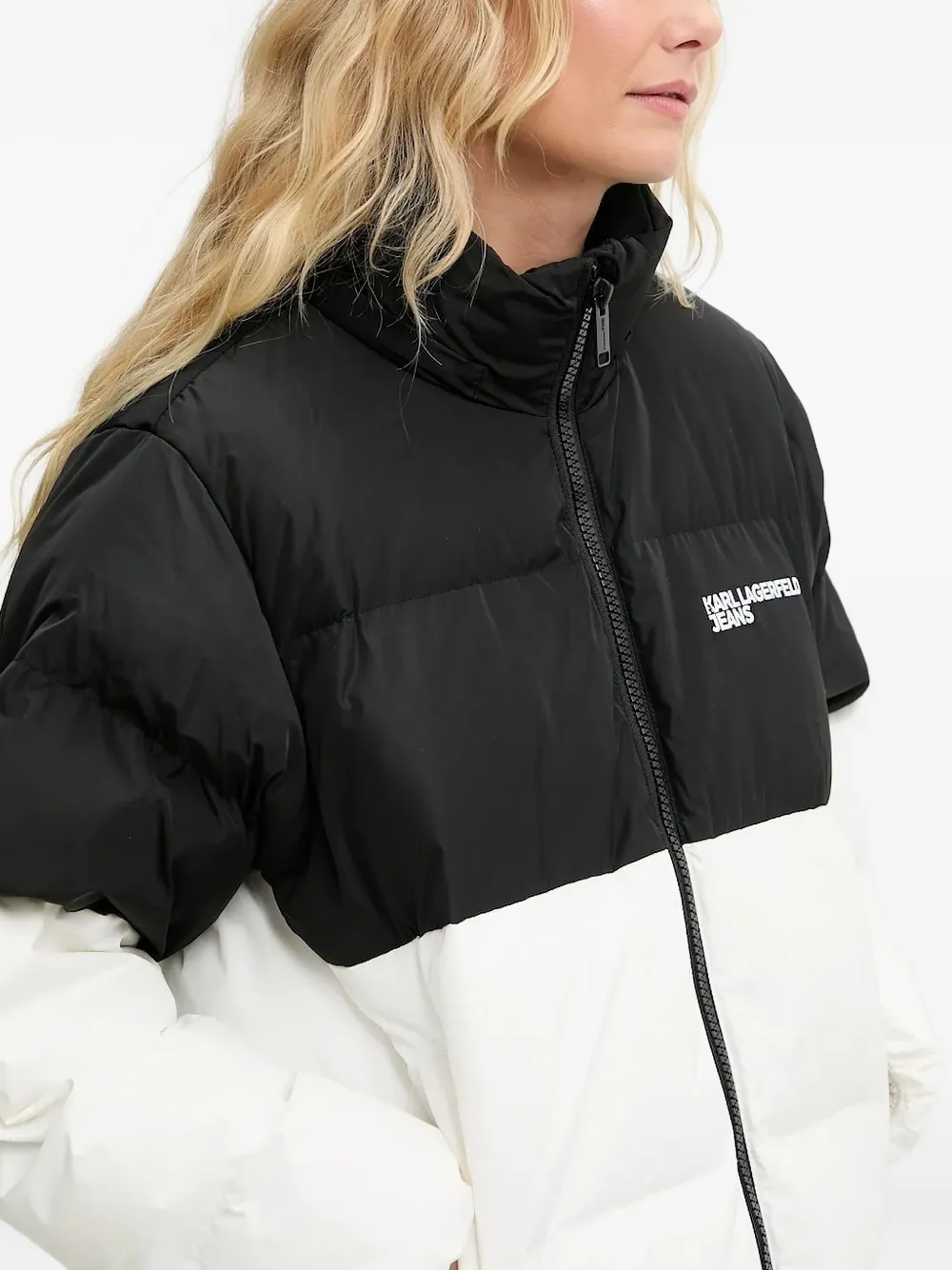 Karl Lagerfeld Jeans hooded colourblock puffer jacket Zwart