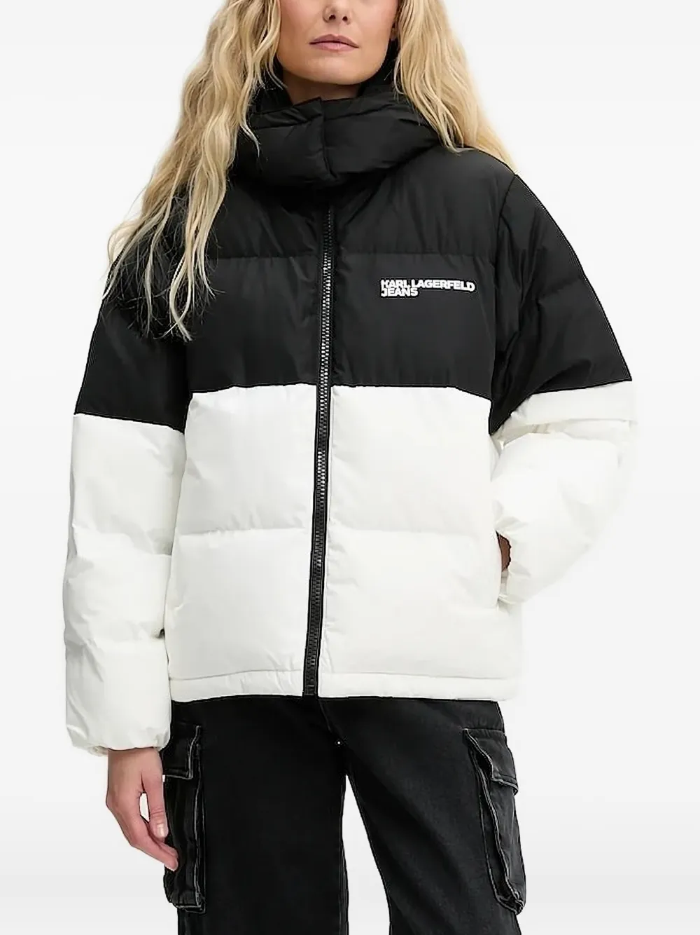 Karl Lagerfeld Jeans hooded colourblock puffer jacket Zwart