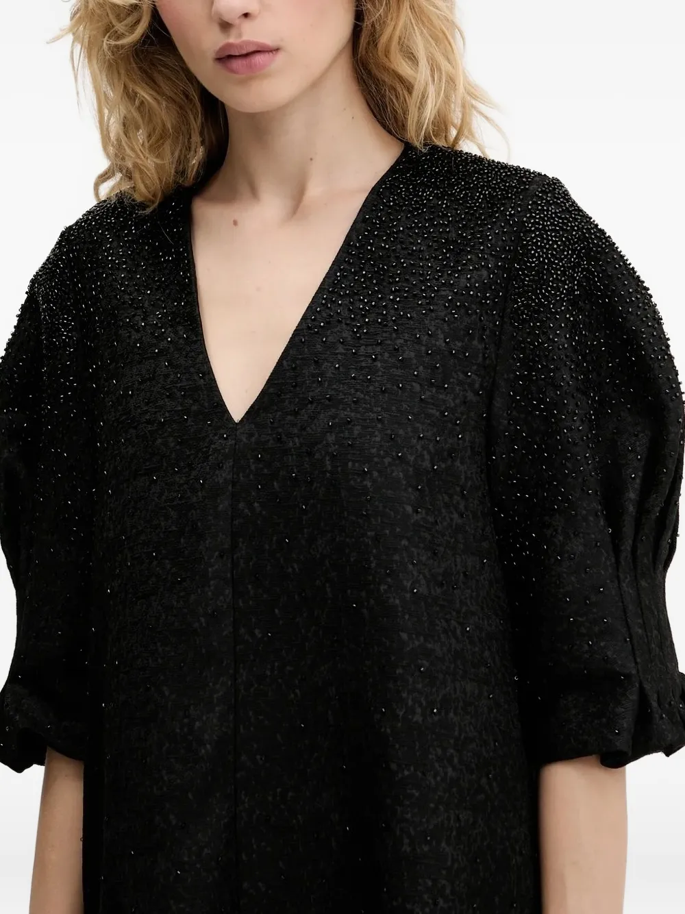 Stine Goya beaded puff-sleeve mini dress Zwart