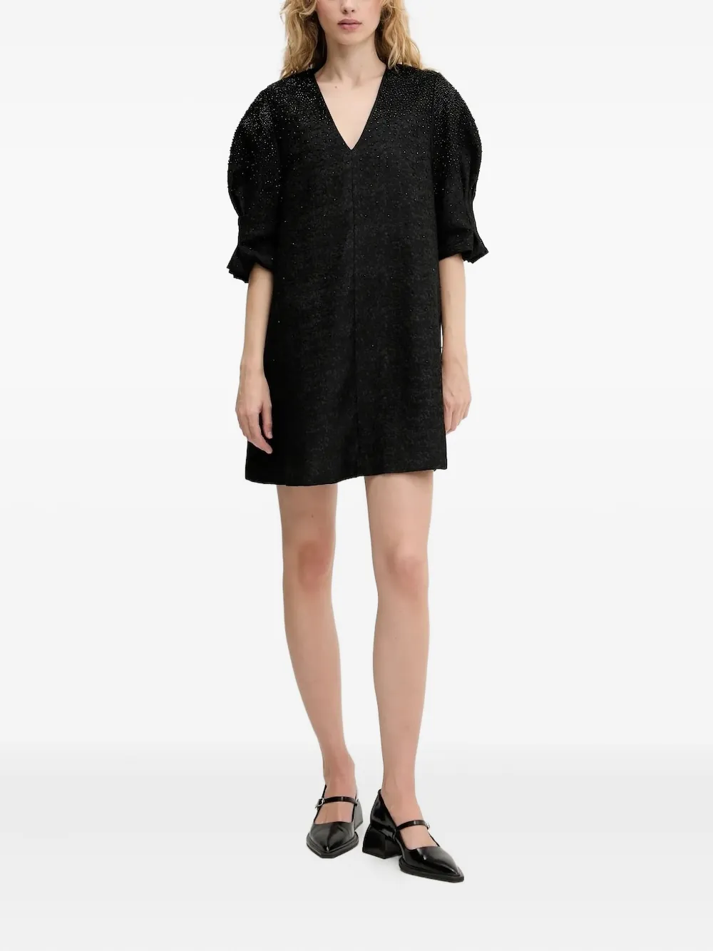 Stine Goya beaded puff-sleeve mini dress Zwart