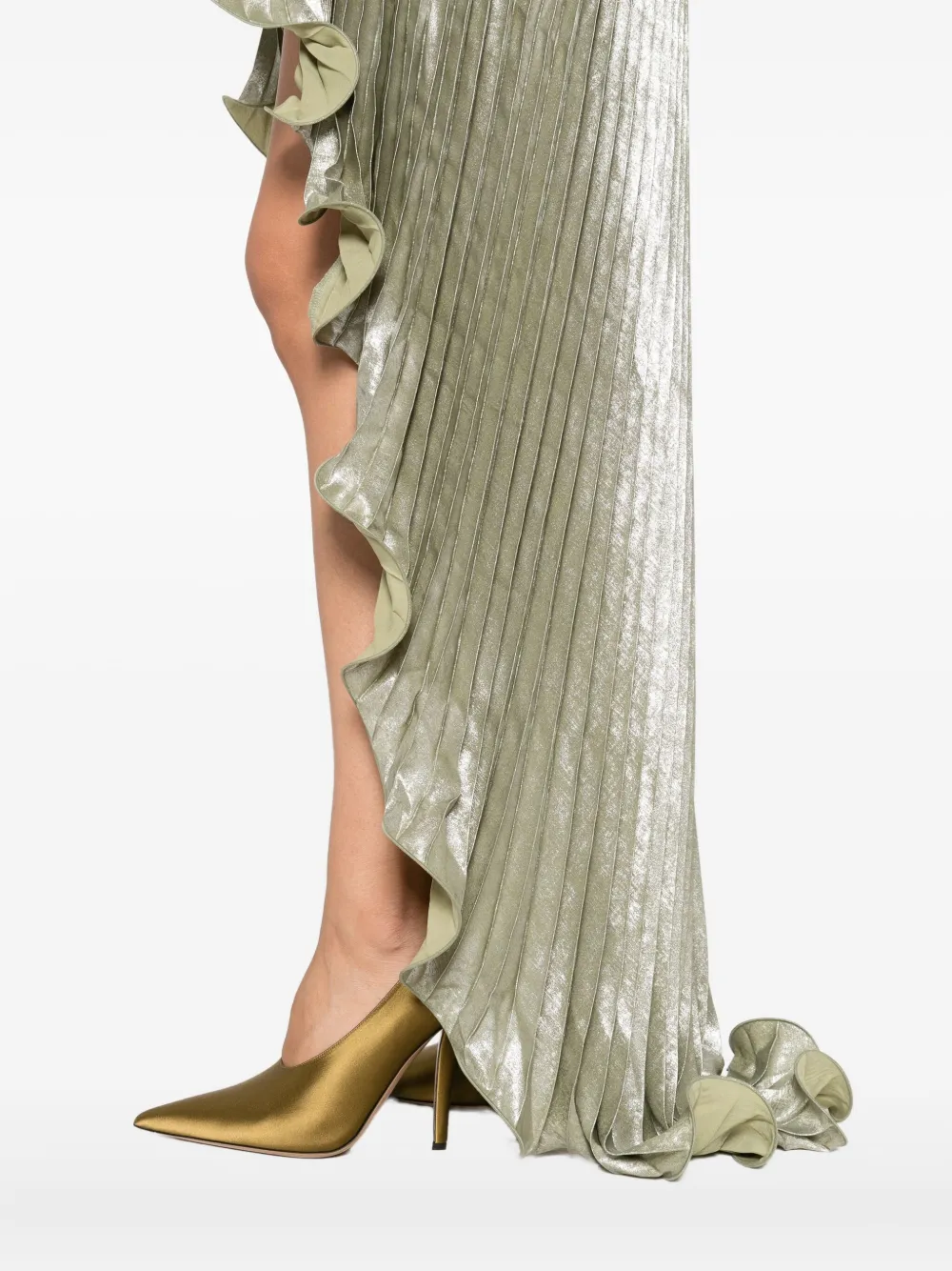 L'idée Deesse Pleated Halterneck Gown In Green