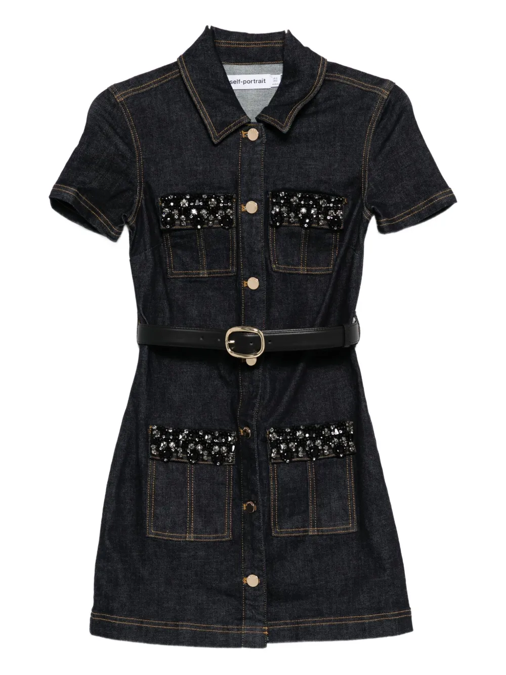 Self-portrait Womens Blue Crystal Short-sleeves Stretch-denim Blend Mini Dress In Black