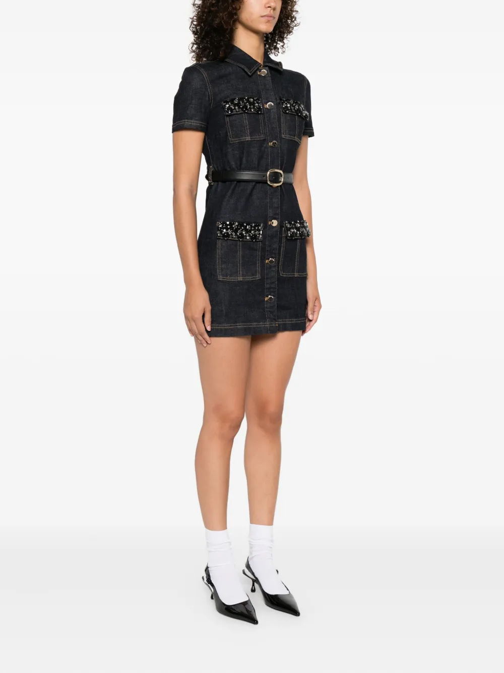 Self-Portrait Verfraaide denim mini-jurk Blauw