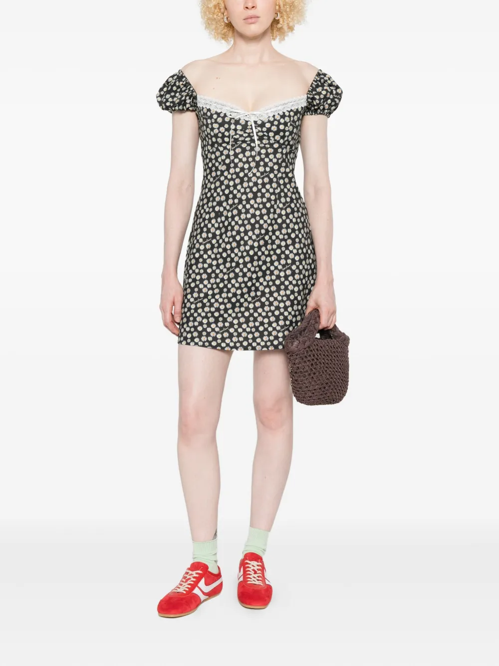 House of Sunny Ditsy Daisy mini-jurk met pofmouwen - Grijs