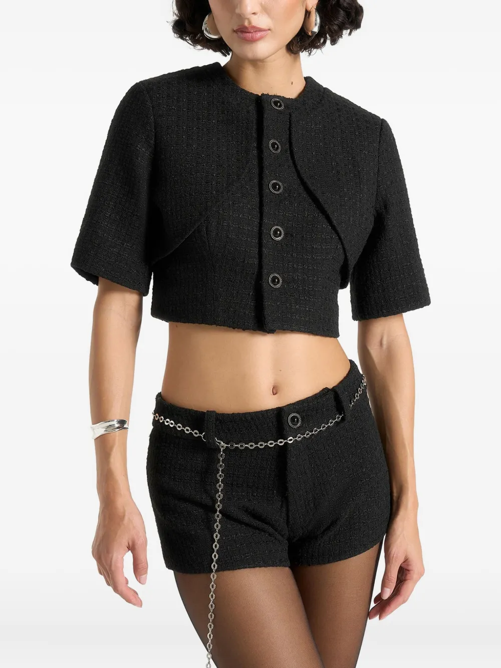 Manière De Voir Alba Curve-detail Tweed Top In Black