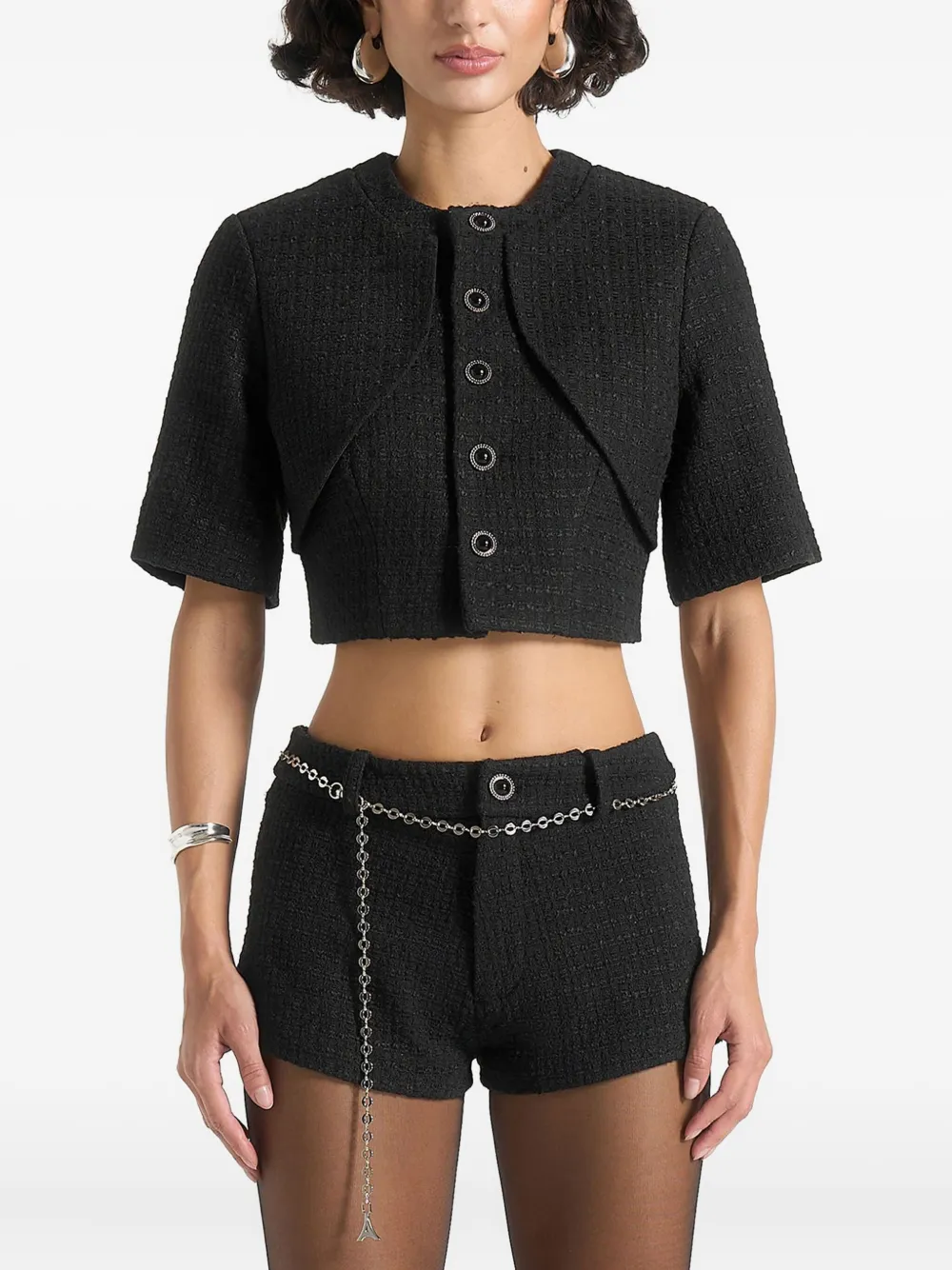 Manière De Voir Alba Curve-detail Tweed Top In Black