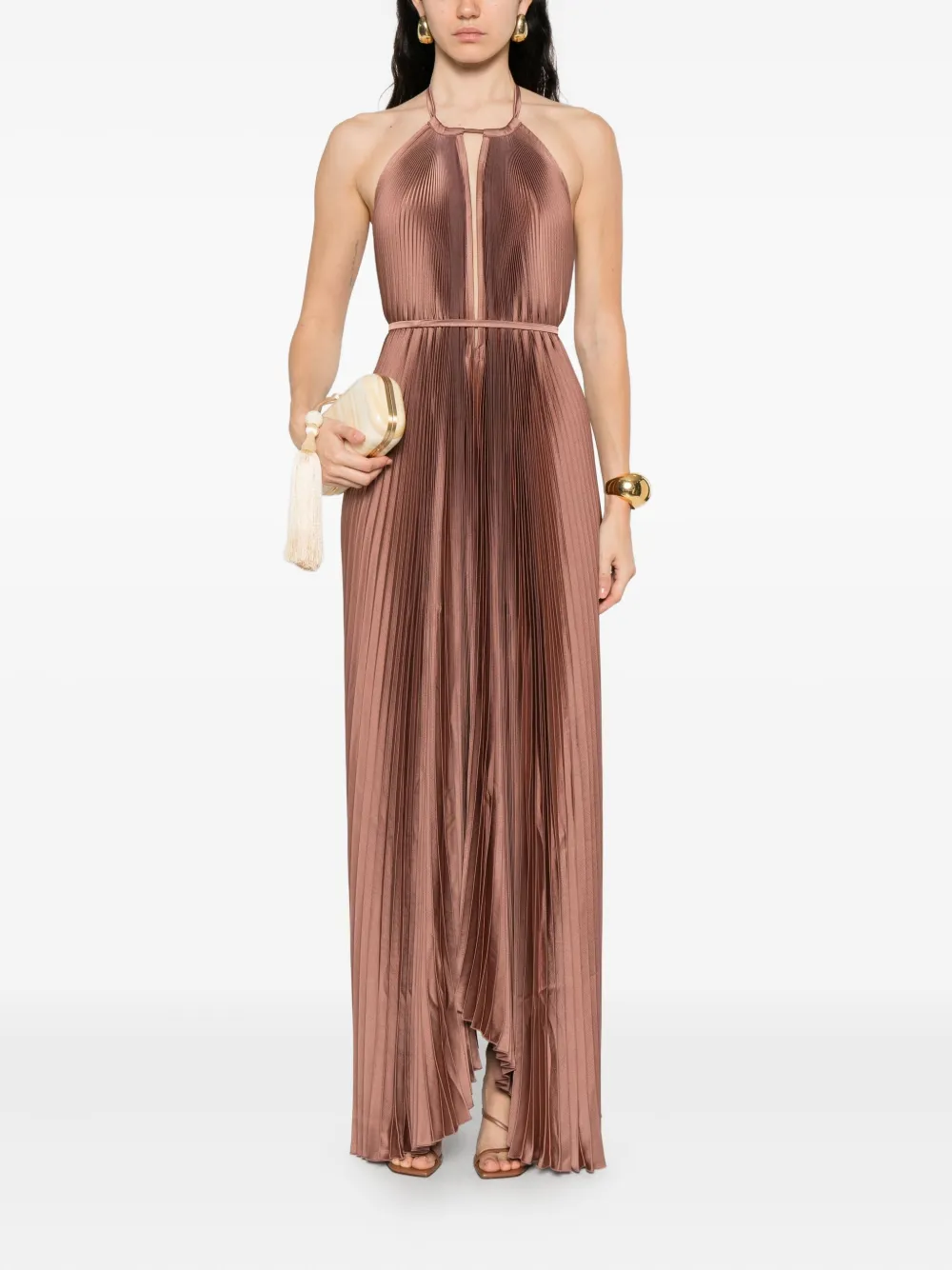 L'idée Pleated Halterneck Gown In Brown