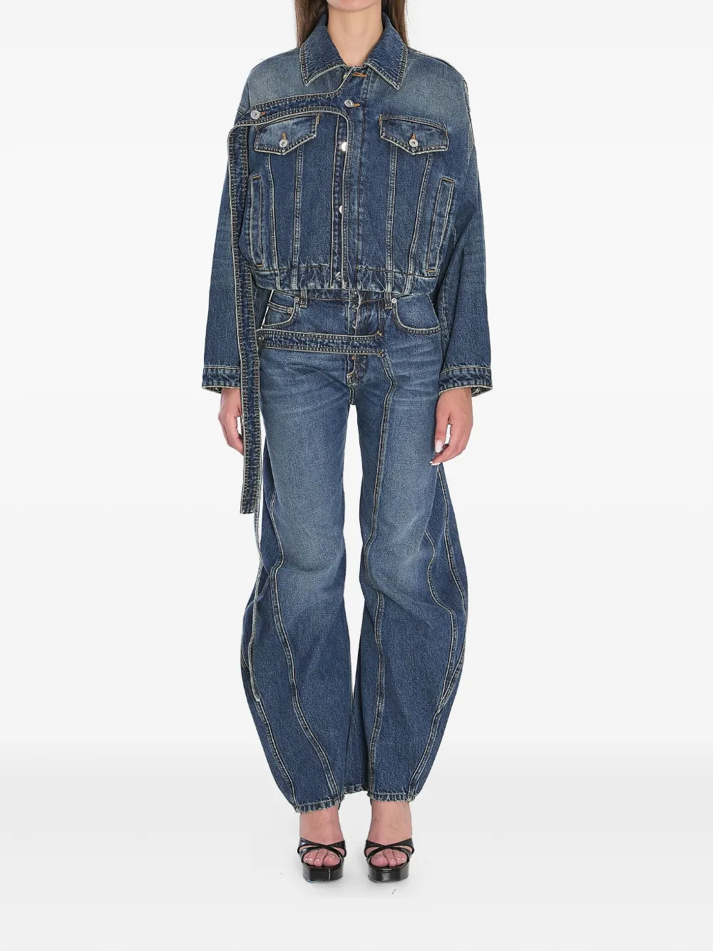 Jean Paul Gaultier Chest Strap Faded Denim Jacket In Blue