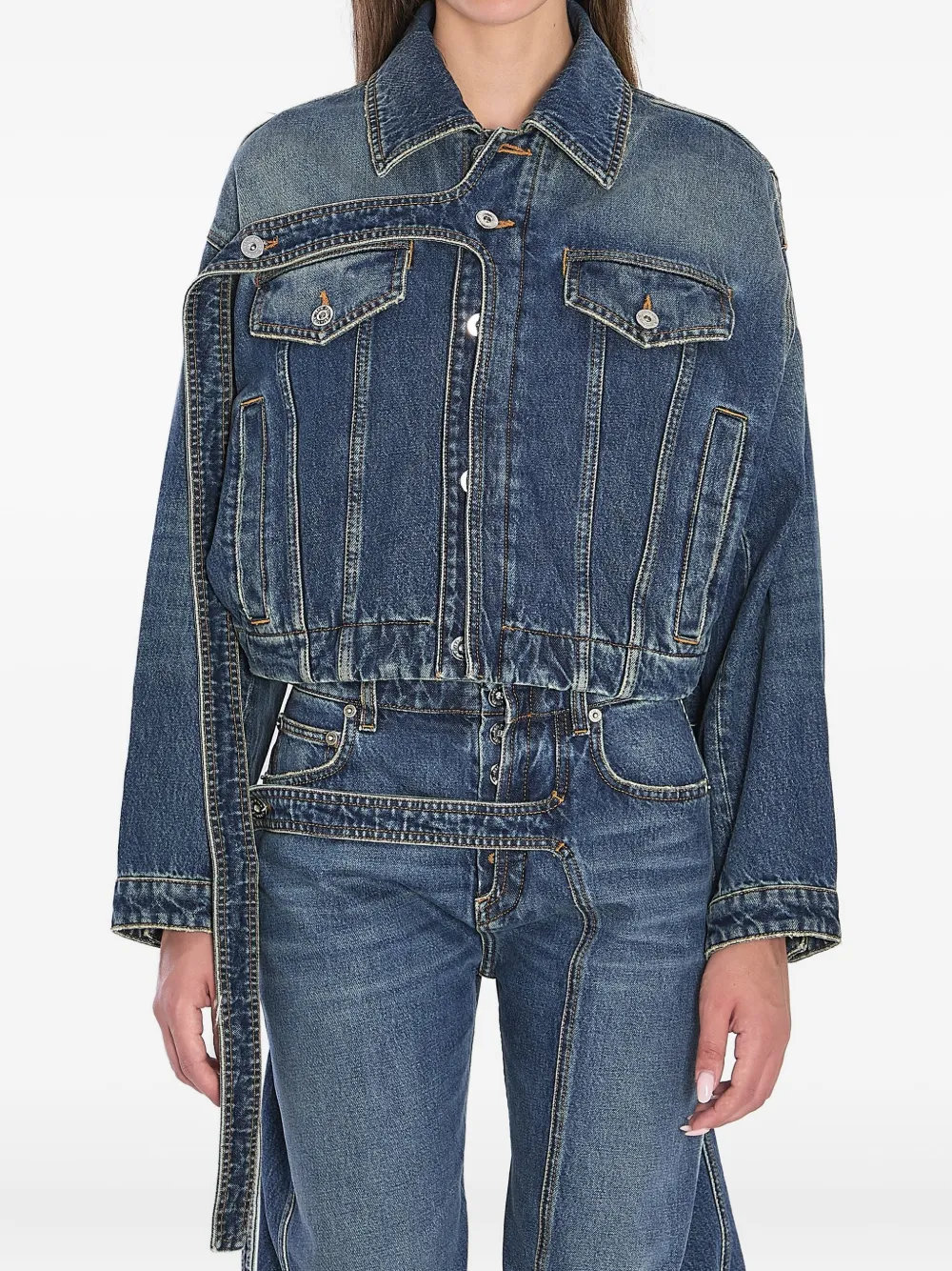 Jean Paul Gaultier Chest Strap Faded Denim Jacket In Blue