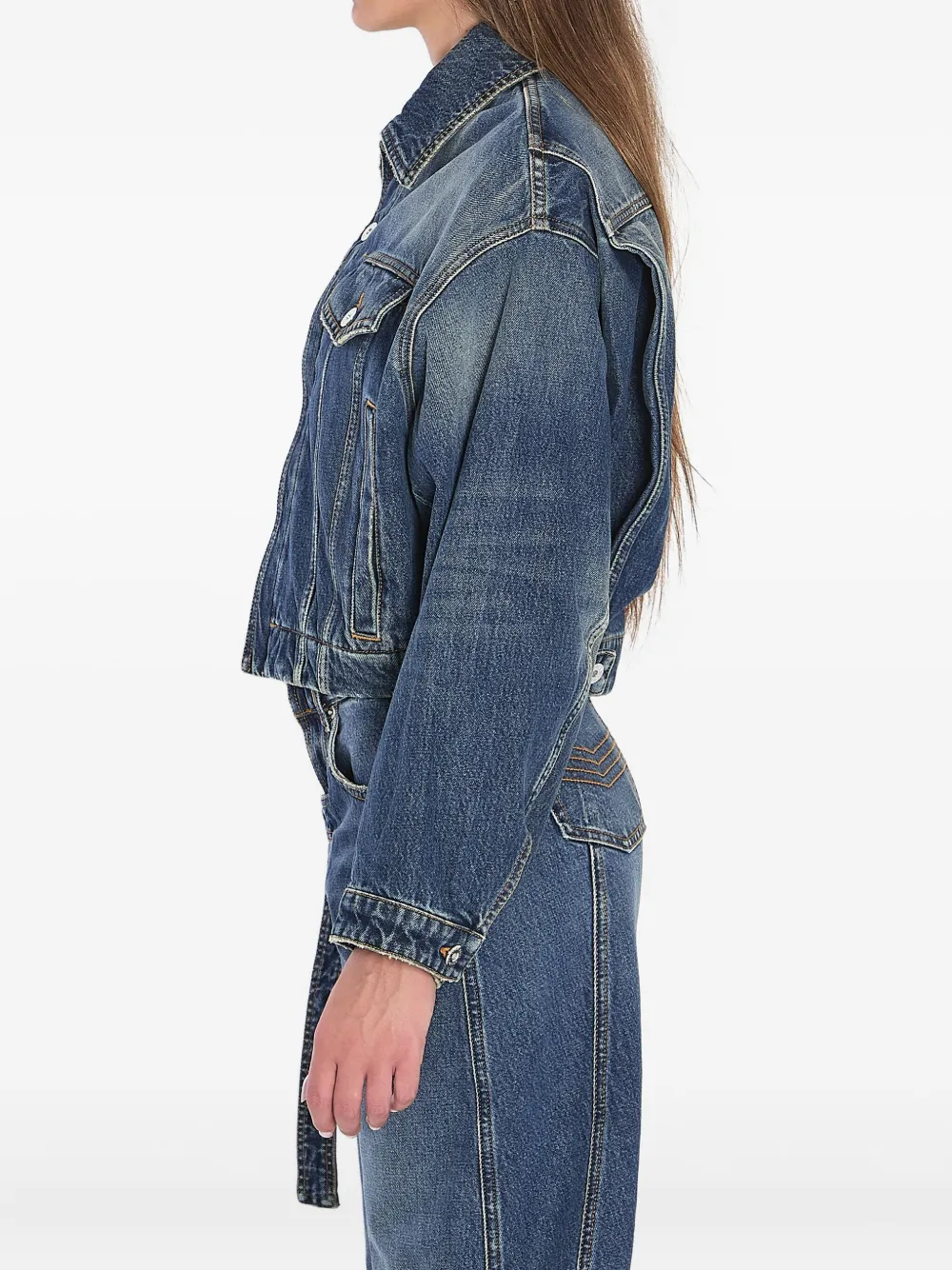 Jean Paul Gaultier Chest Strap Faded Denim Jacket In Blue