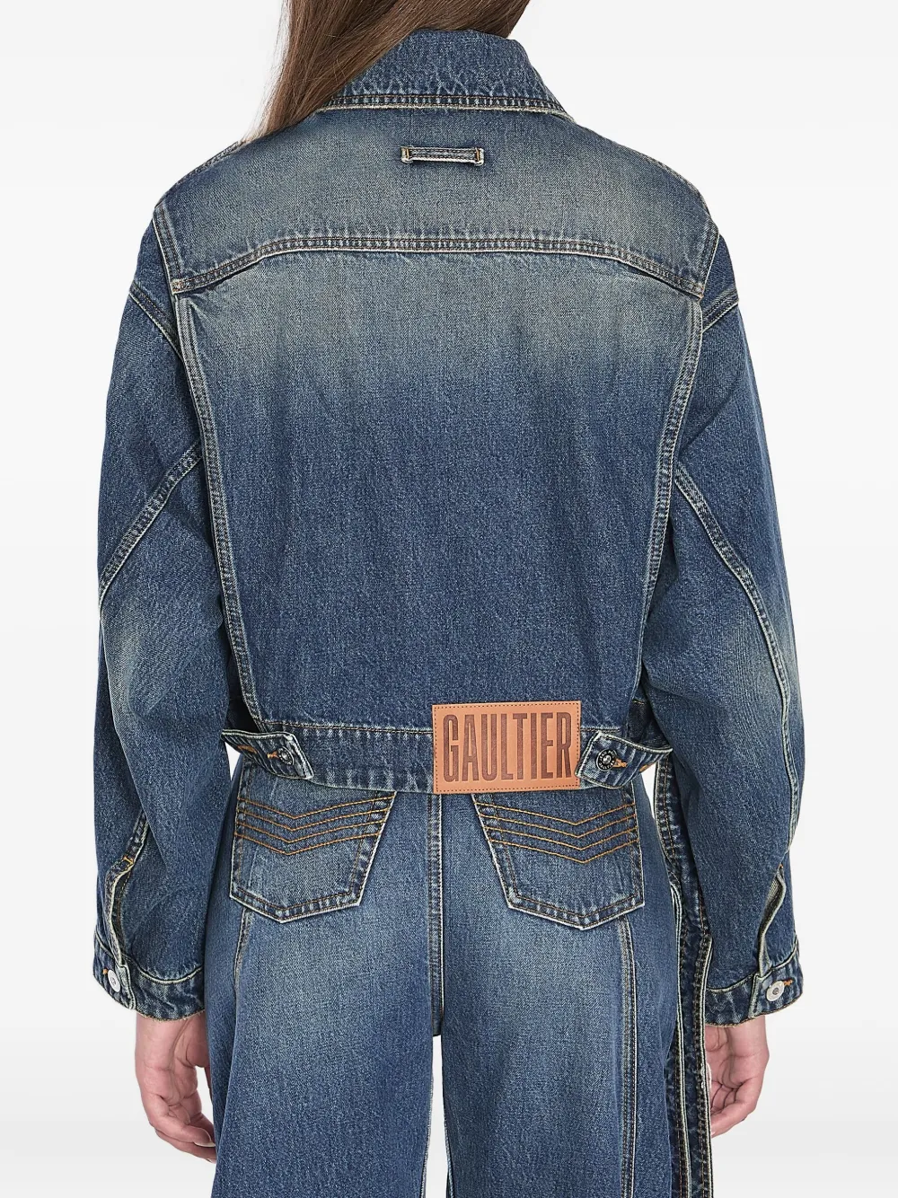 Jean Paul Gaultier Chest Strap Faded Denim Jacket In Blue