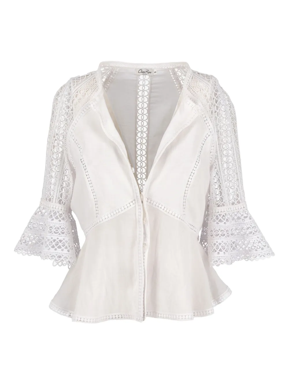 Pre-owned Vintage Macramé Bell-sleeve Blouse In White