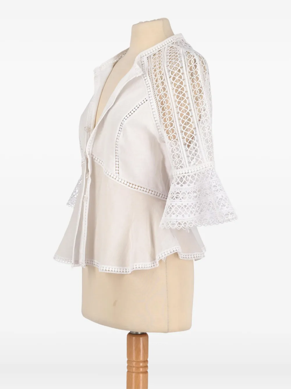 Pre-owned Vintage Macramé Bell-sleeve Blouse In White