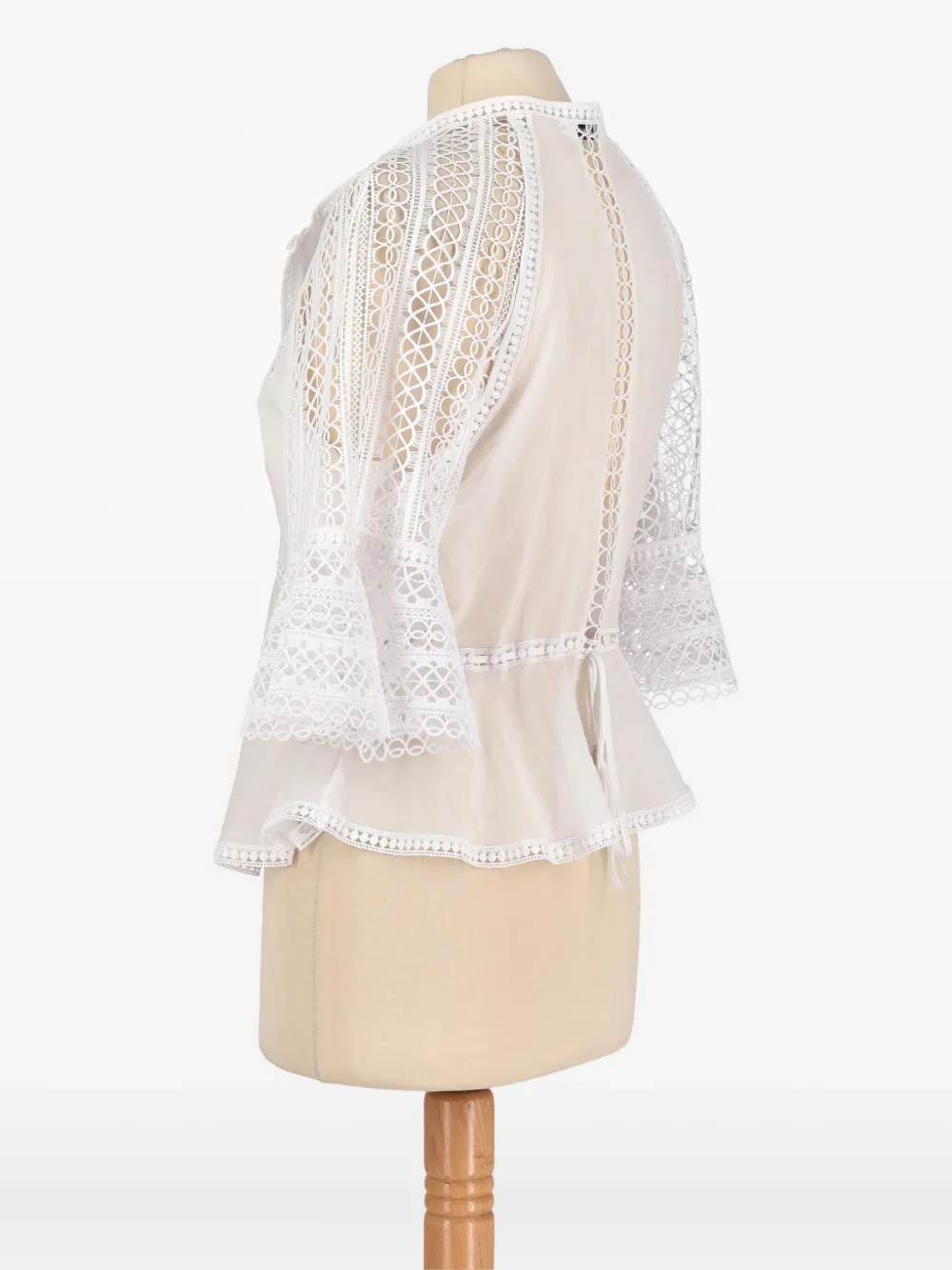 Pre-owned Vintage Macramé Bell-sleeve Blouse In White