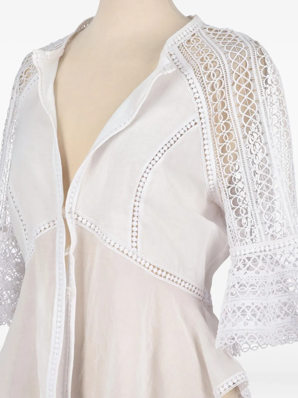 Pre-owned Vintage Macramé Bell-sleeve Blouse In White