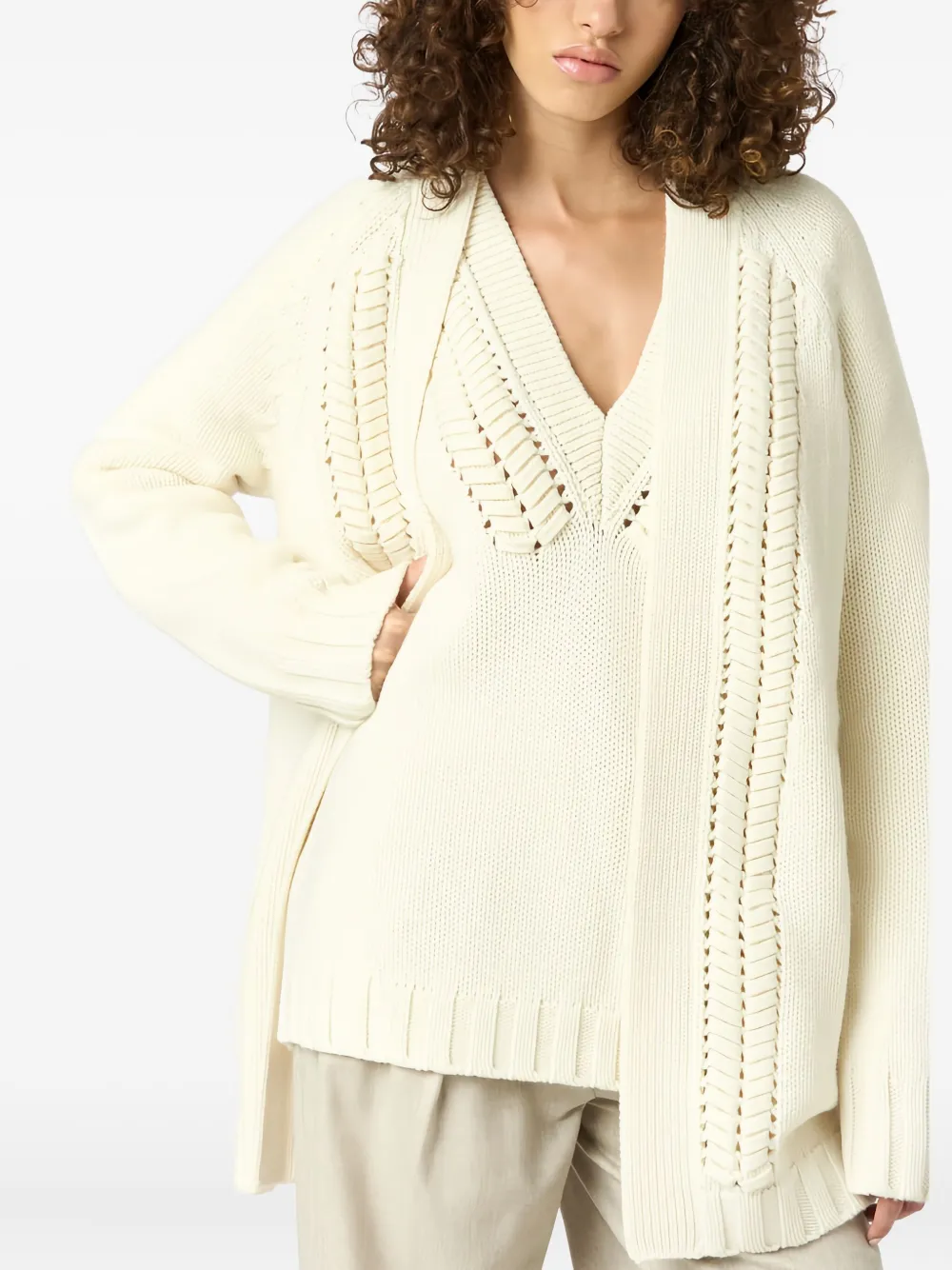 Malo Braided Knit Cardigan In Brown