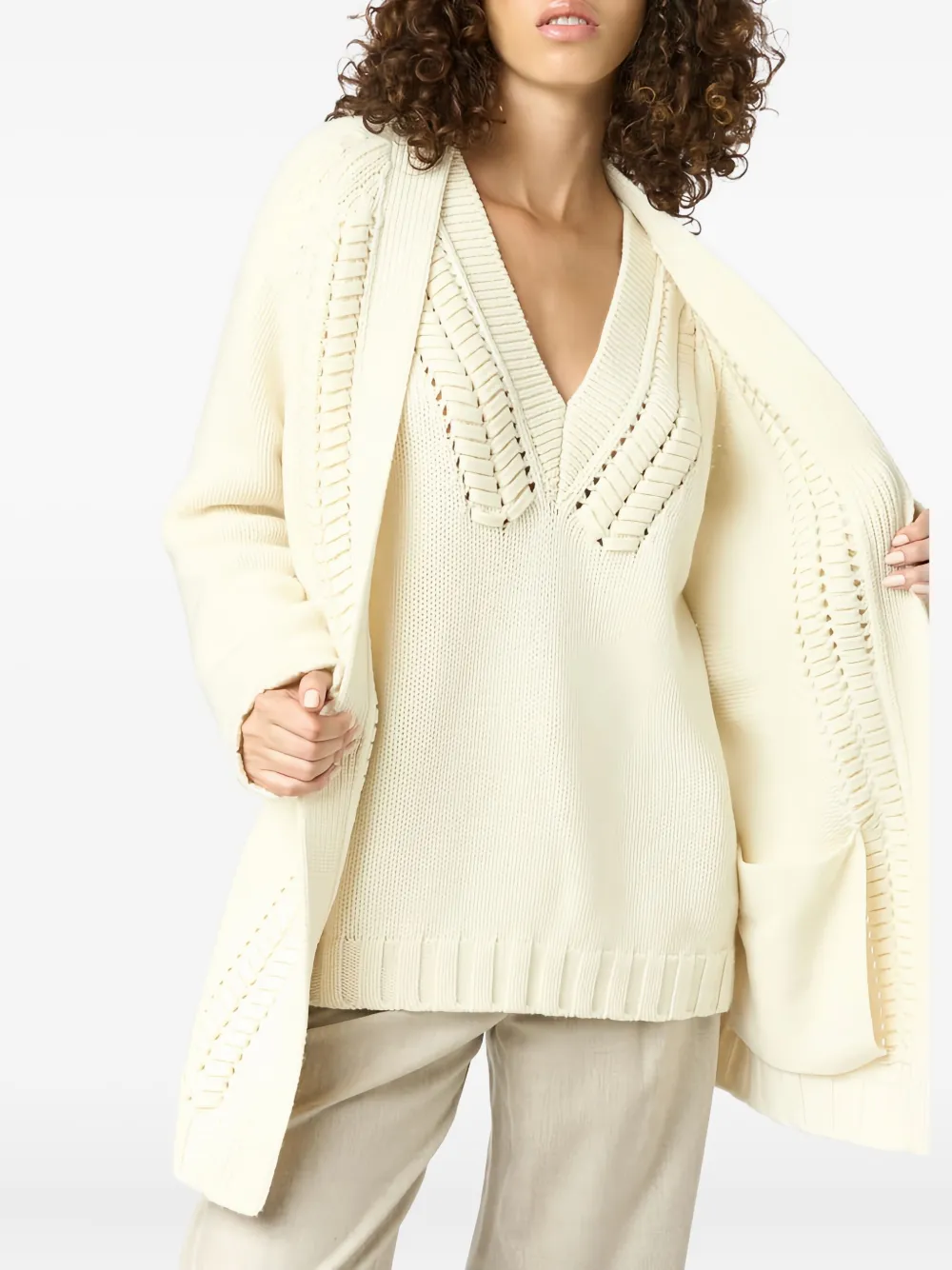 Malo Braided Knit Cardigan In Brown