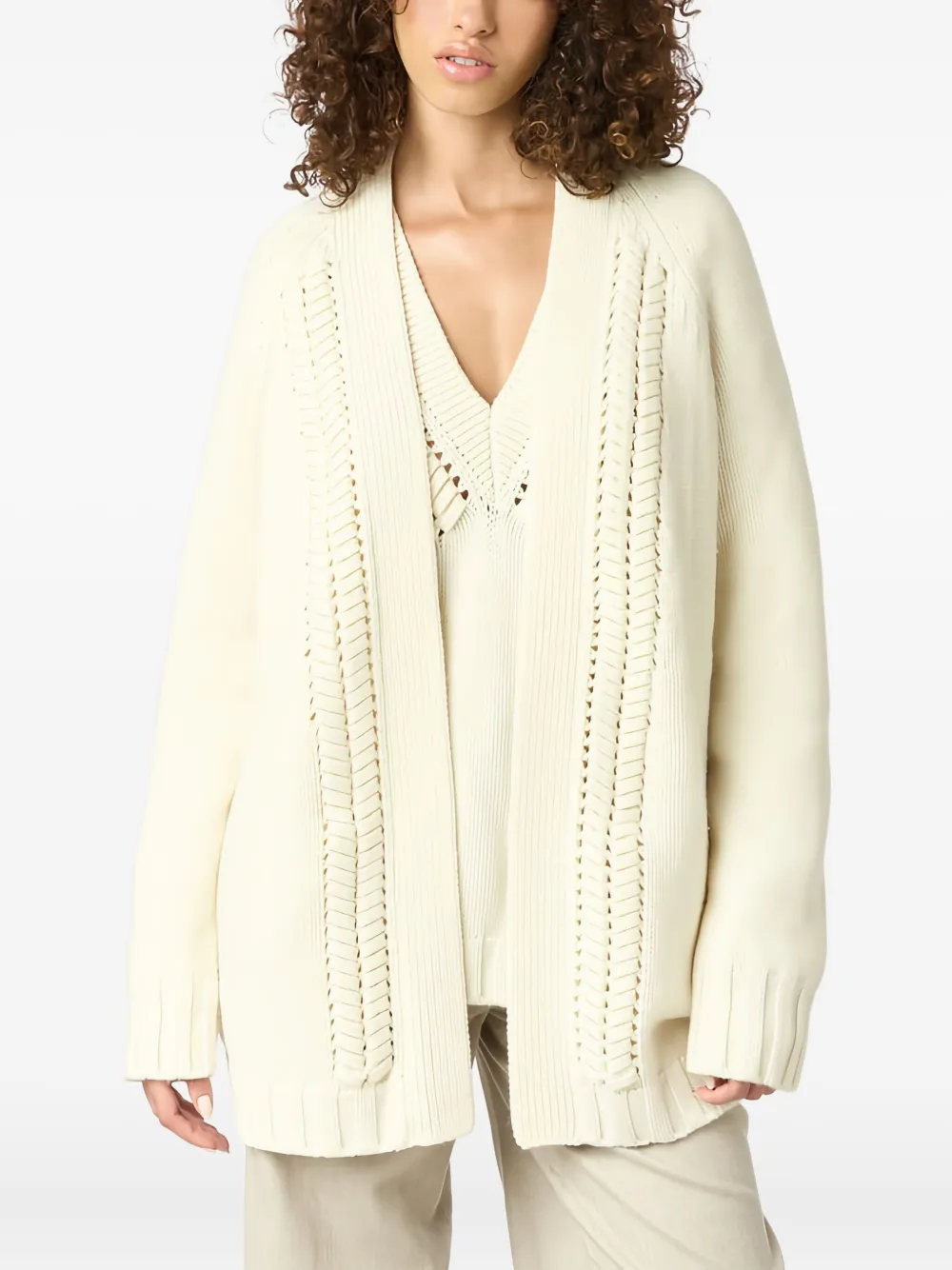 Malo Braided Knit Cardigan In Brown