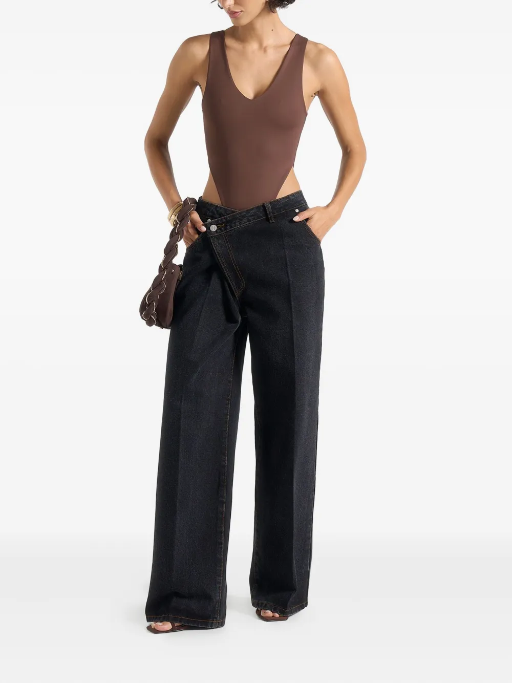 Manière De Voir Noa V-neck High-leg Bodysuit In Brown