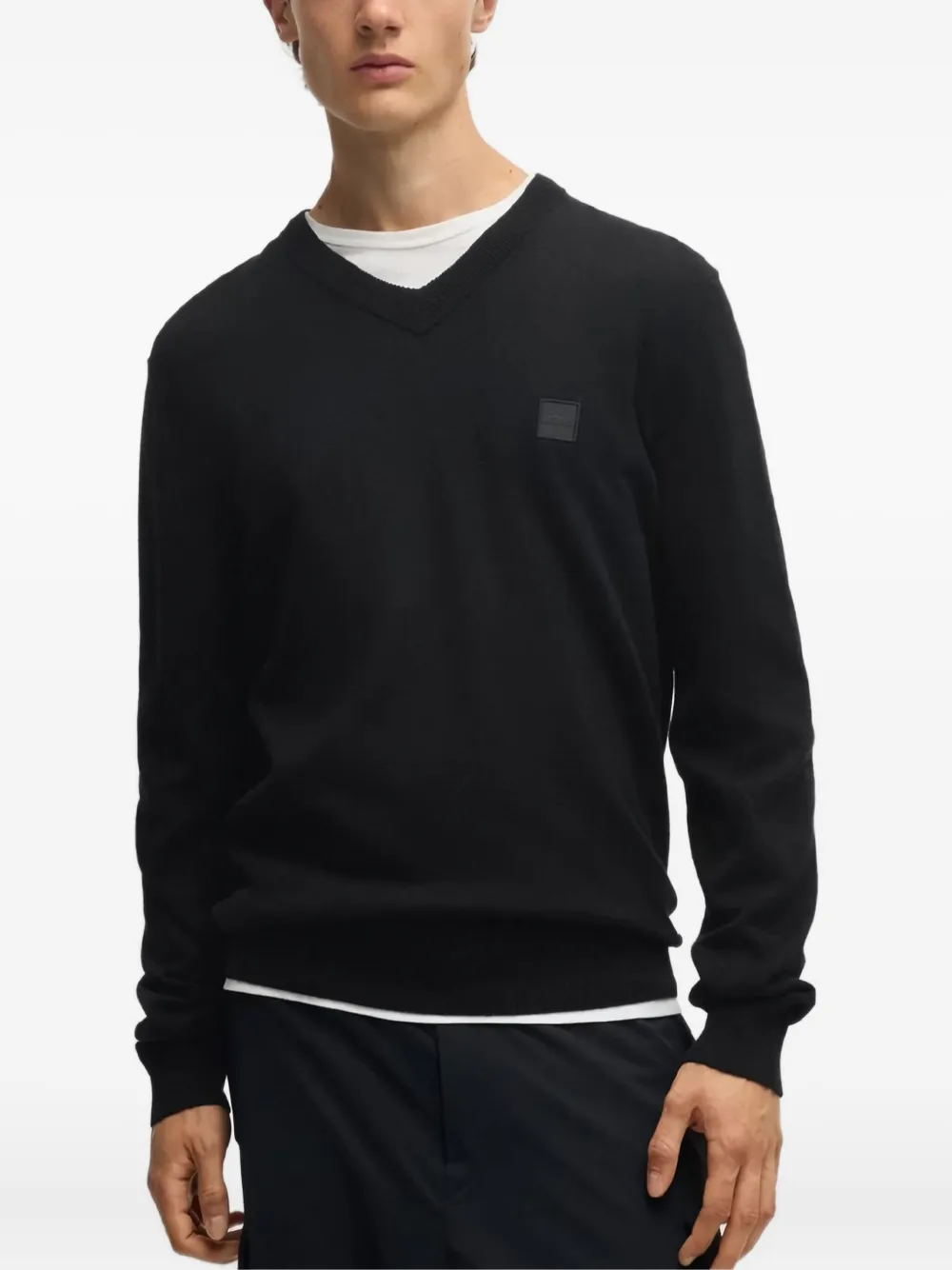BOSS Trui met V-hals en logopatch Zwart