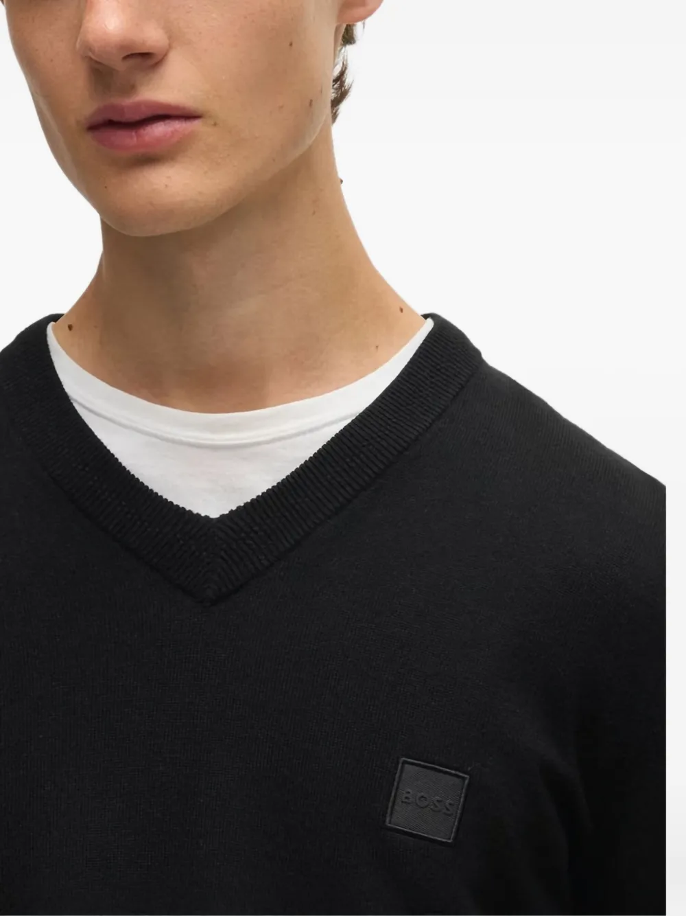 BOSS Trui met V-hals en logopatch Zwart