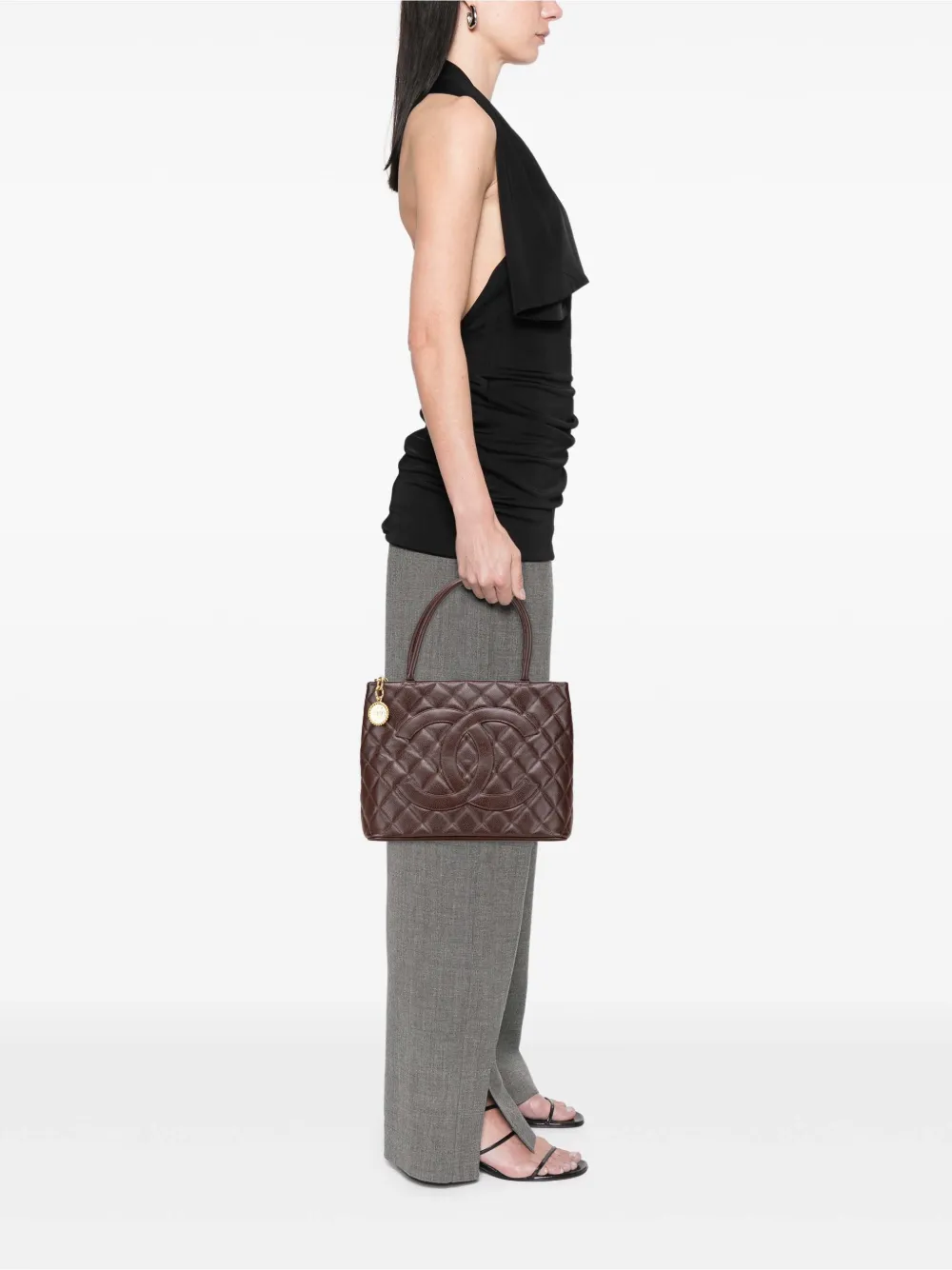 Pre-owned Chanel 1997-1999 Caviar Medallion Tote Bag In Brown