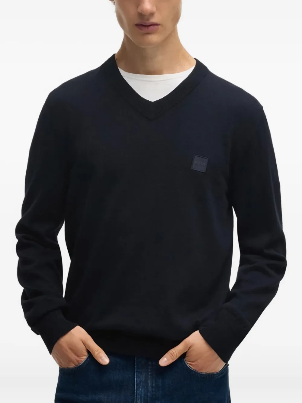 BOSS Trui met V-hals en logopatch Blauw
