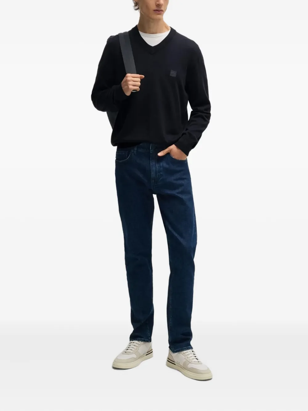 BOSS Trui met V-hals en logopatch - Blauw