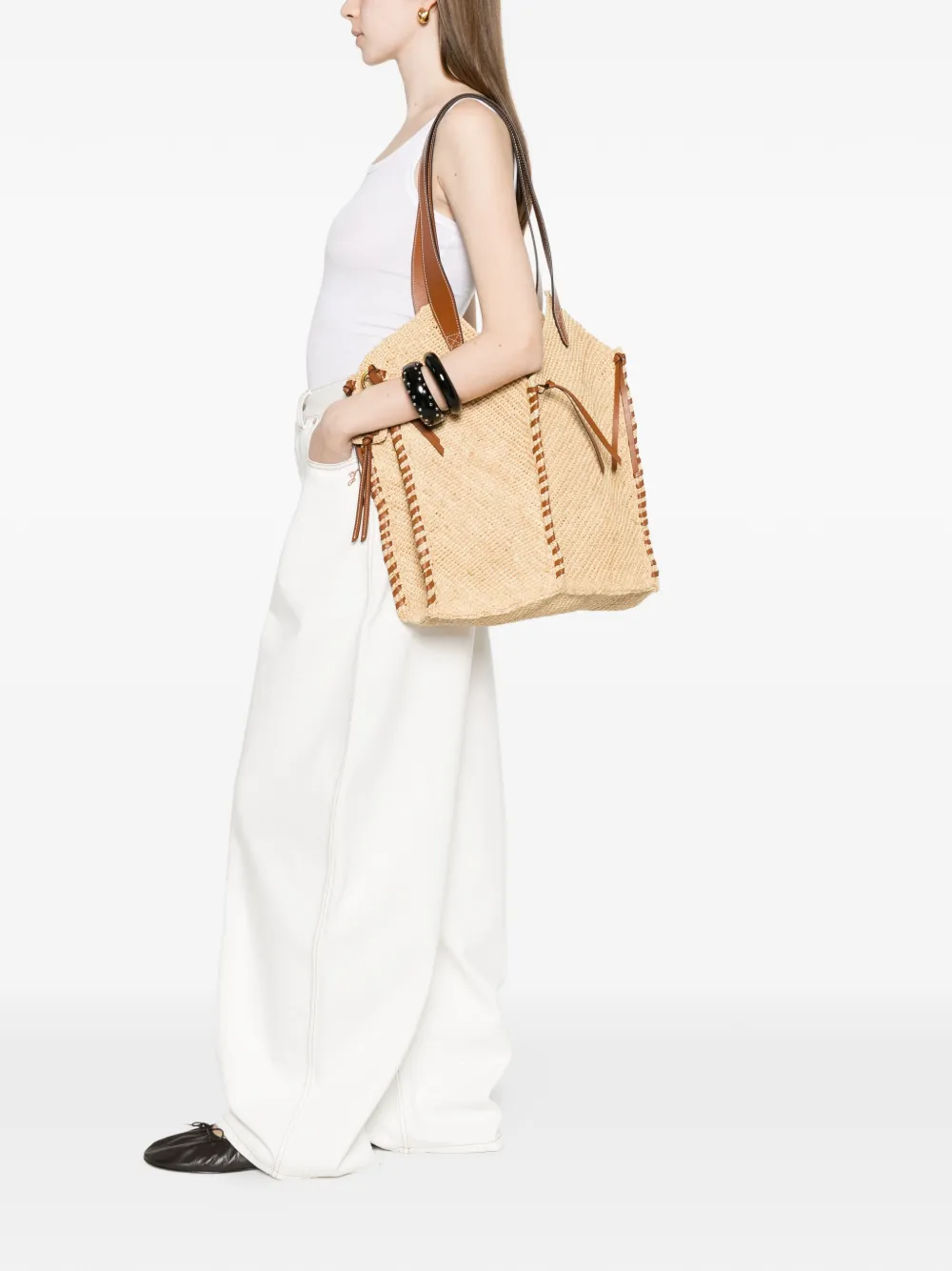 ISABEL MARANT Tampa raffia schoudertas met leren afwerking Beige