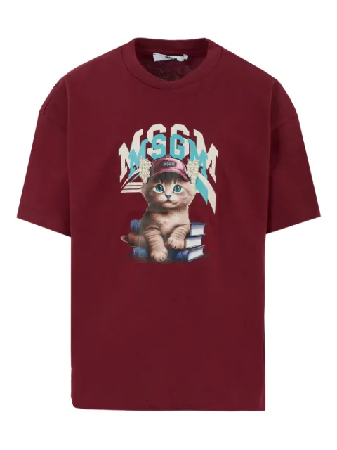 MSGM Kids cat-print pearl-embellished T-shirt