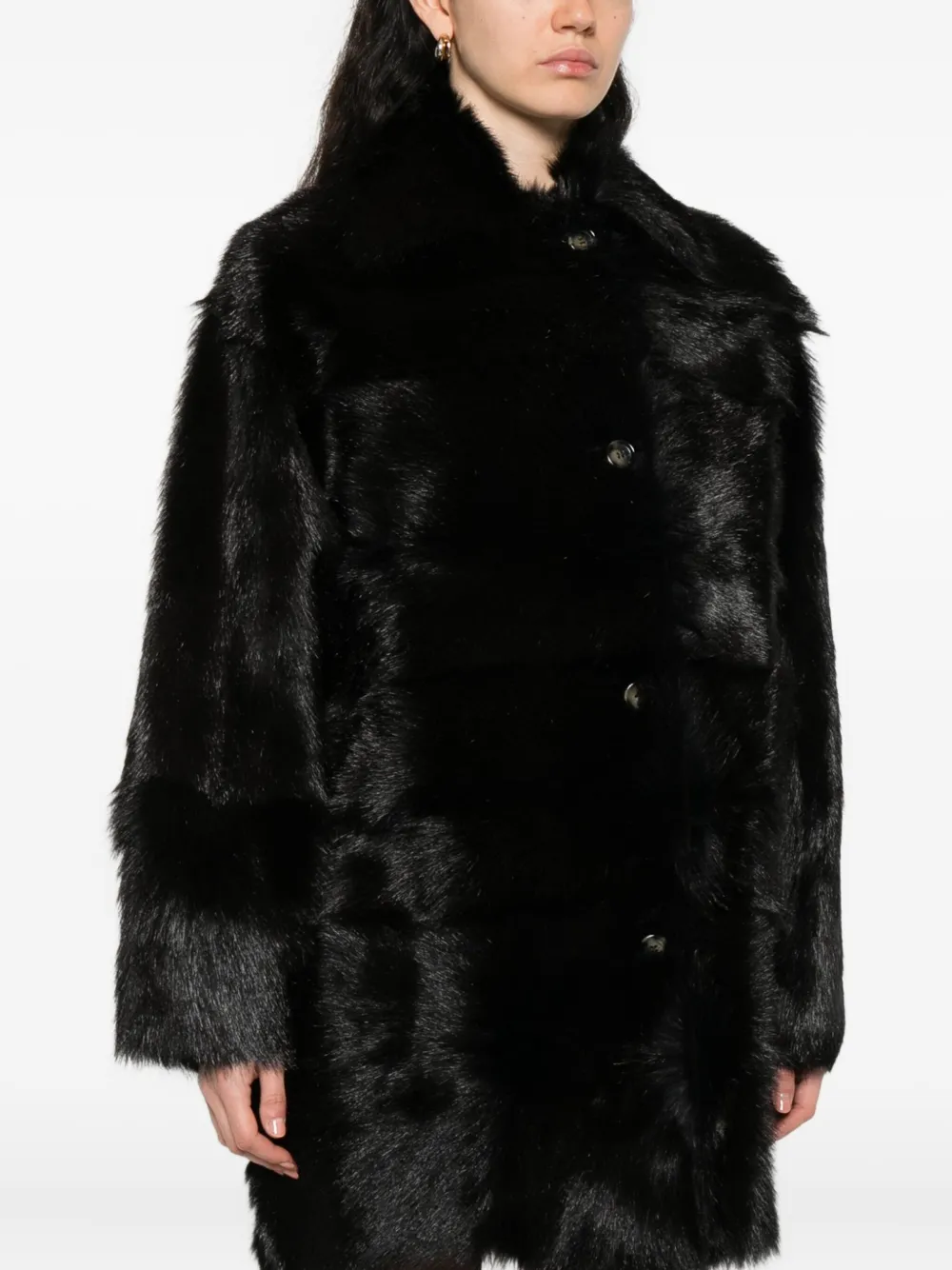 Alberta Ferretti Fur Texture High Collar Knee Length Jacket In Black