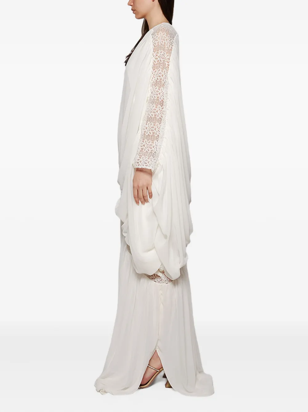 Dima Ayad Lace And Georgette Cotton Ruched Gown In White