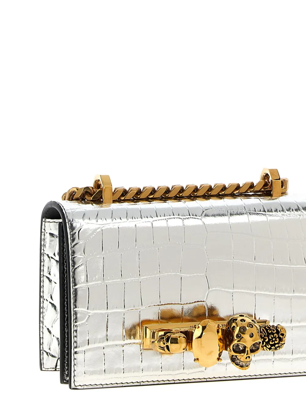 Alexander McQueen mini skull-embellished crocodile-effect crossbody bag Zilver