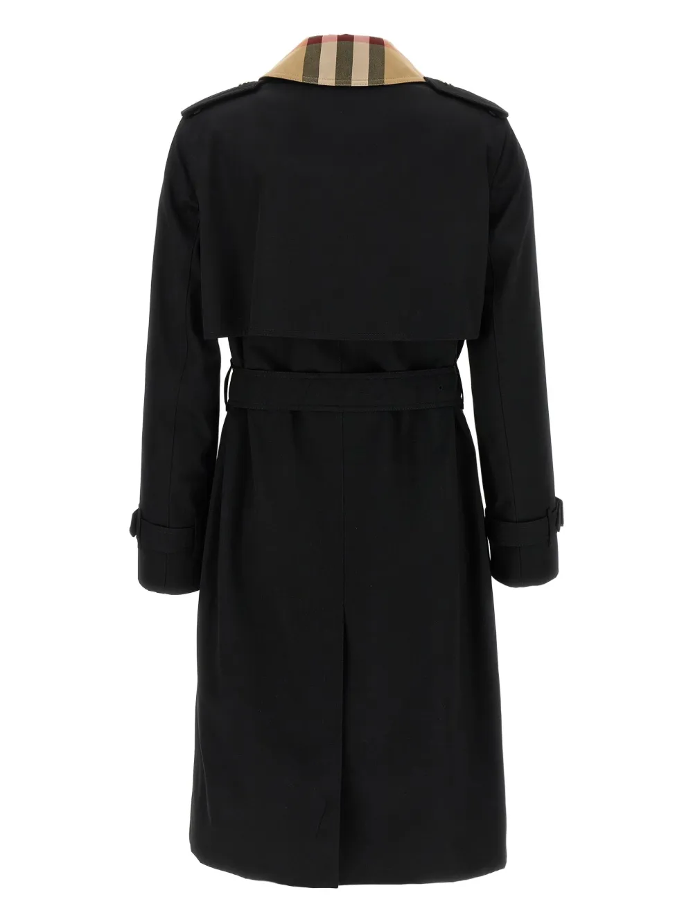 Burberry Check pattern-collar belted trench coat Zwart