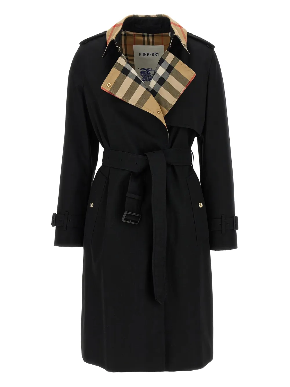 Burberry Check pattern-collar belted trench coat Zwart