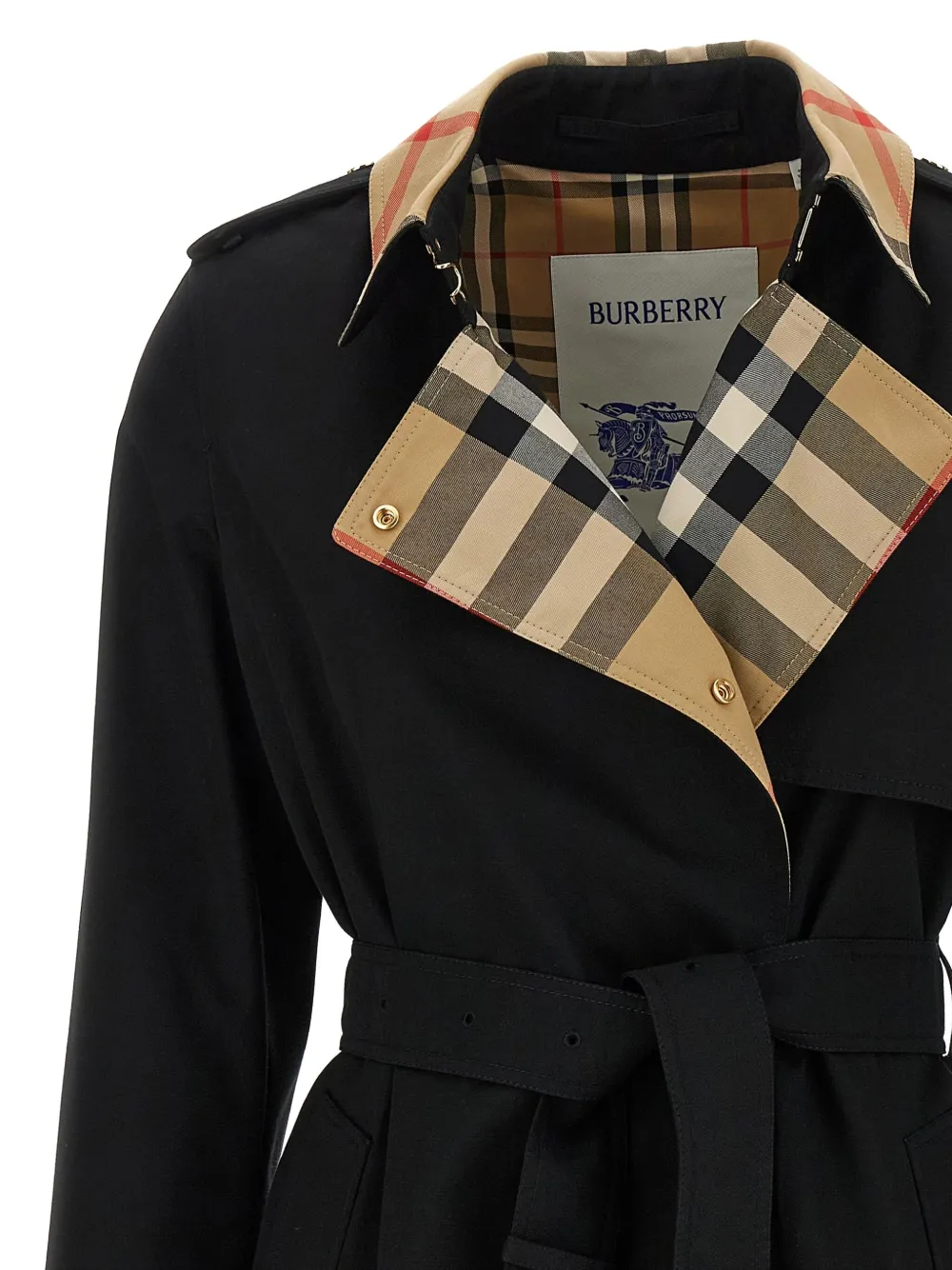 Burberry Check pattern-collar belted trench coat Zwart