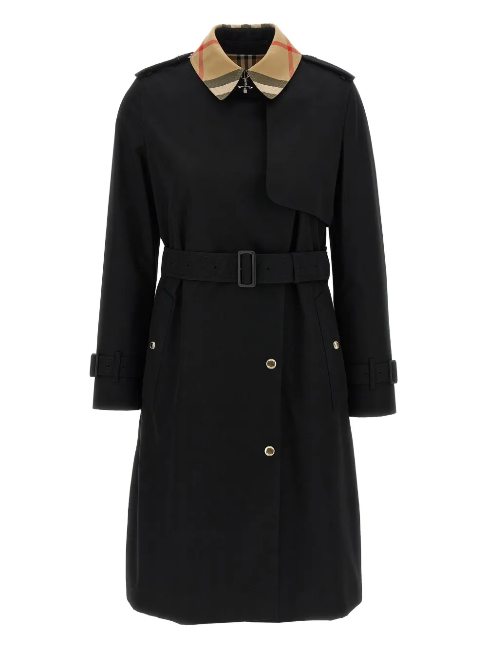 Burberry Check pattern-collar belted trench coat Zwart