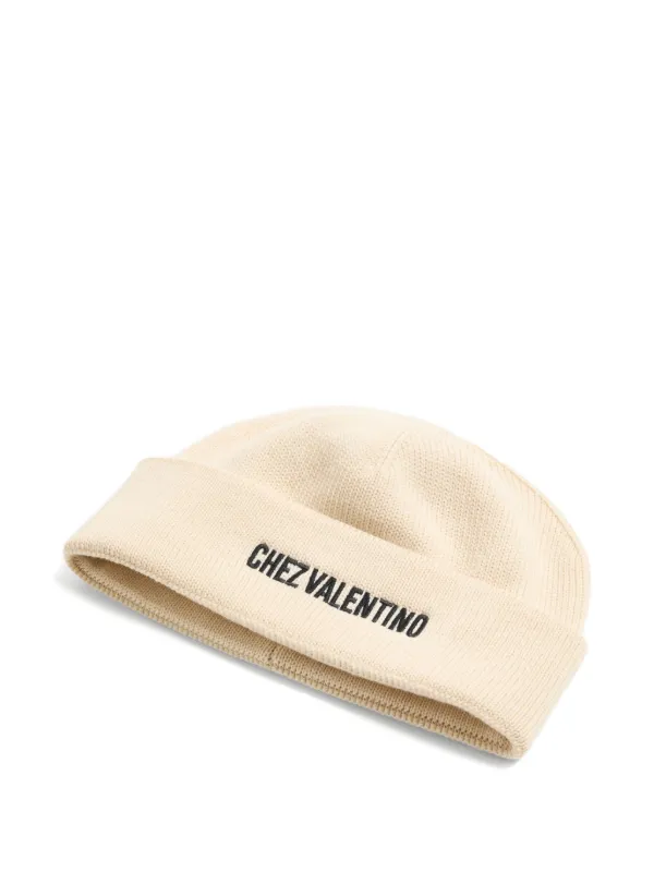 Valentino Garavani Embroidered Ribbed Beanie in Neutrals