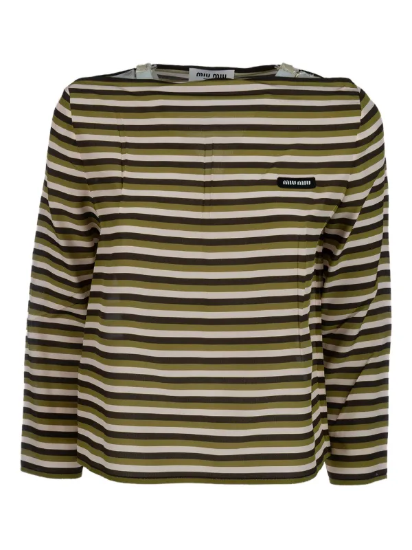 Miu Miu Striped Logo-patch T-shirt in Green