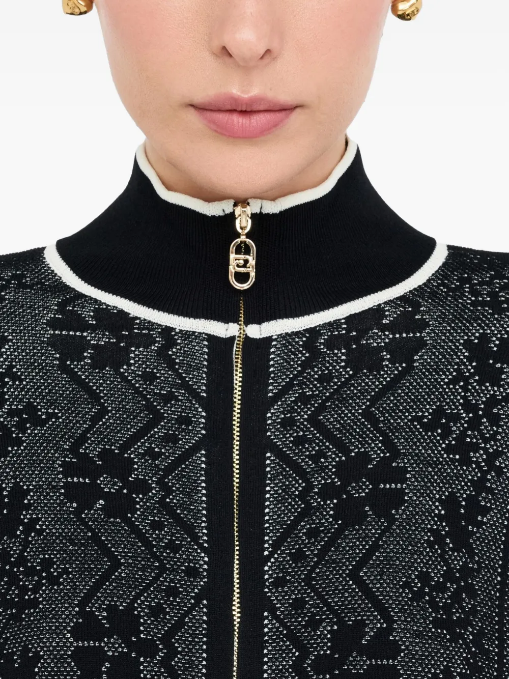Liu •jo Lace-effect High-neck Cardigan In Black