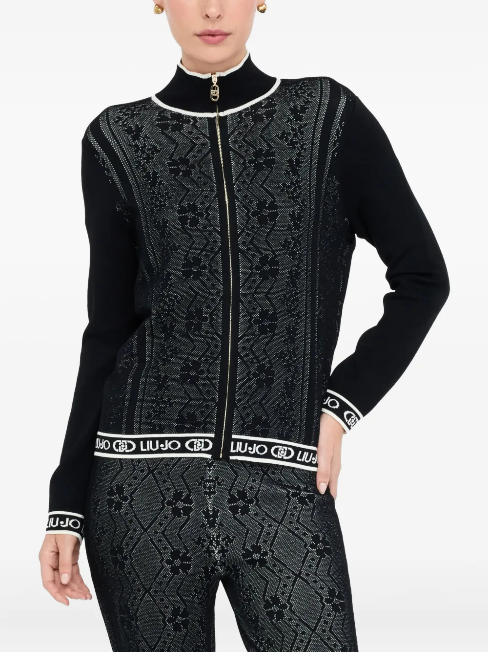 Liu •jo Lace-effect High-neck Cardigan In Black