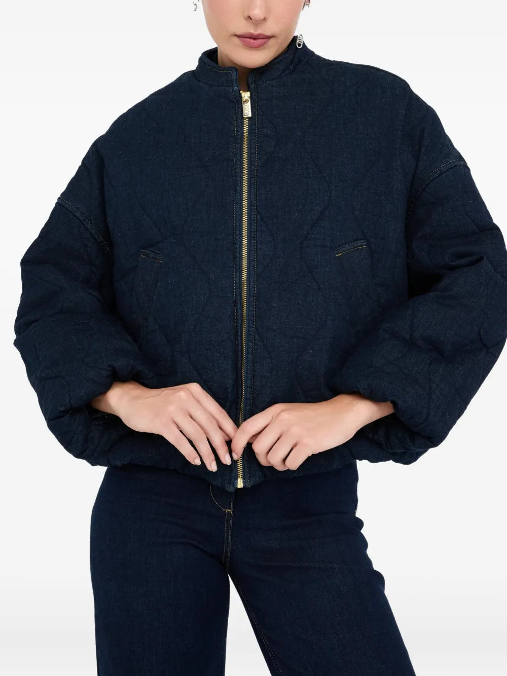 Liu •jo Quilted Denim Bomber Jacket In Blue