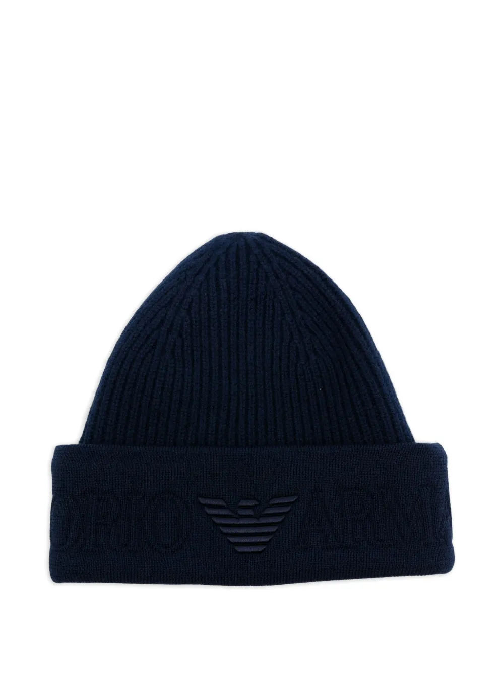 Emporio Armani logo-embroidered ribbed beanie Blauw