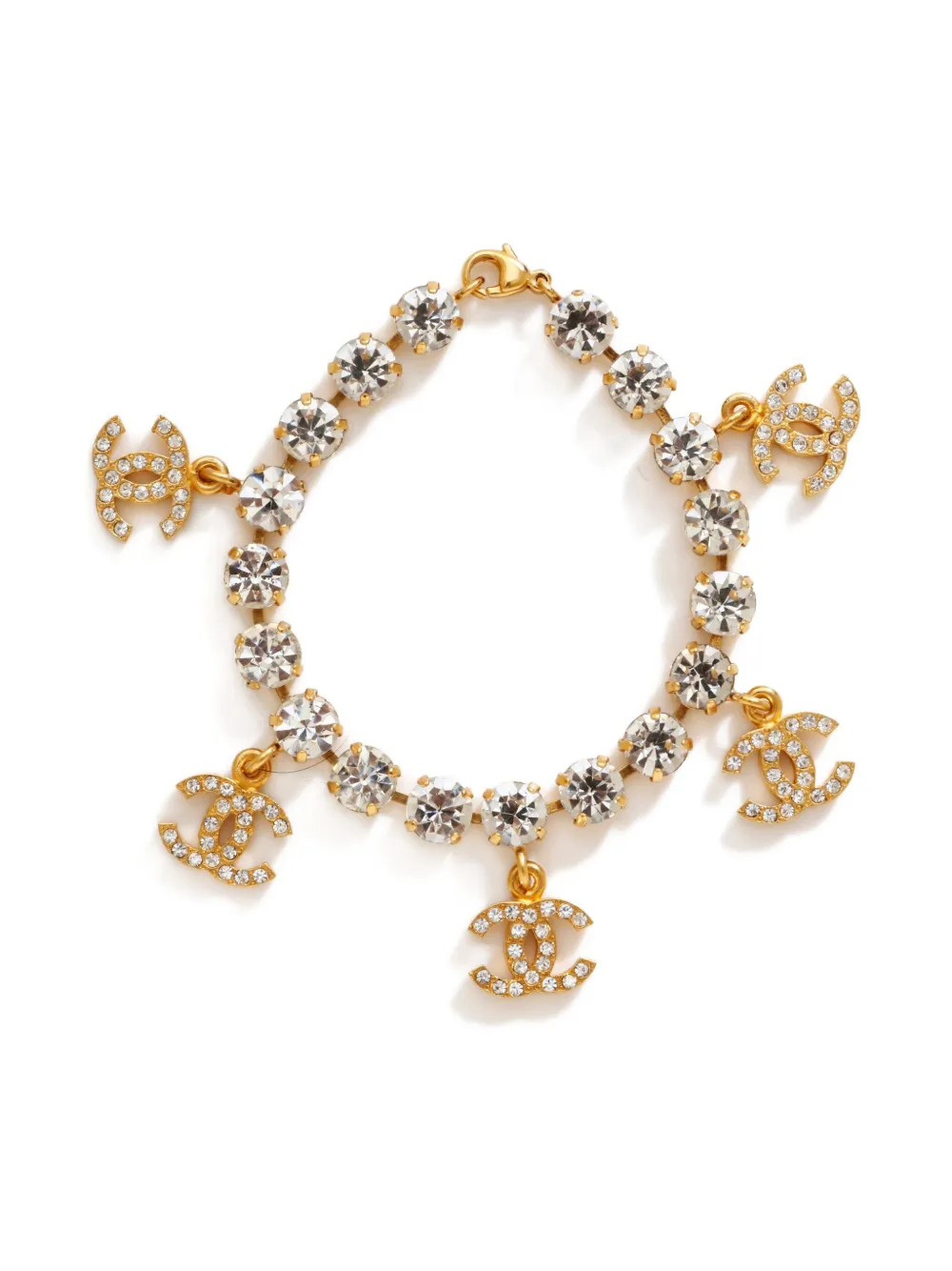 Pre-owned Chanel 1995 Rhinestone-embellished Cc-mark Bracelet In Gold