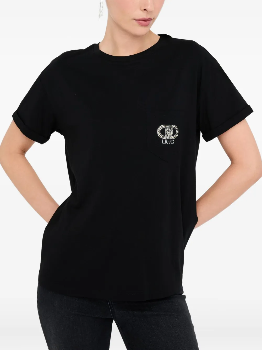 Liu •jo Rhinestone-embellished Logo T-shirt In Black