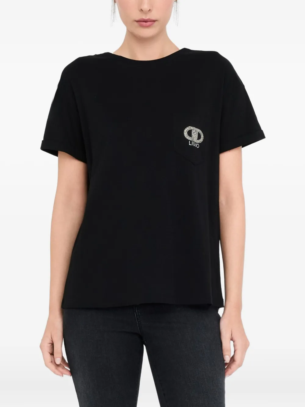 Liu •jo Rhinestone-embellished Logo T-shirt In Black