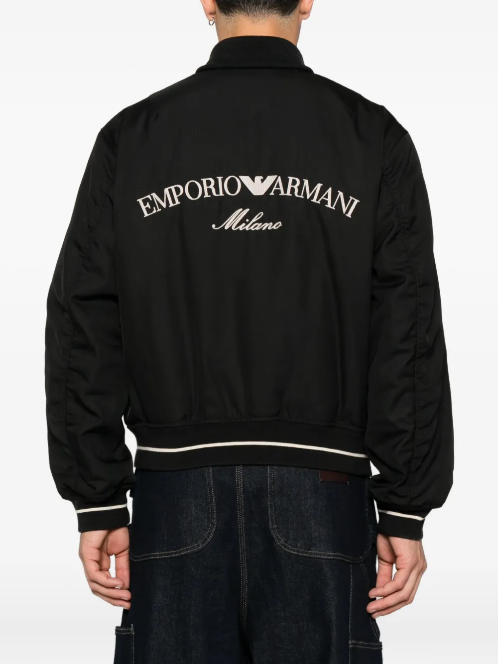Emporio Armani logo-embroidered bomber jacket Zwart
