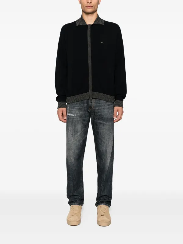 Emporio Armani ribbed-trimmed zip-up Cardigan | Blue | FARFETCH IN